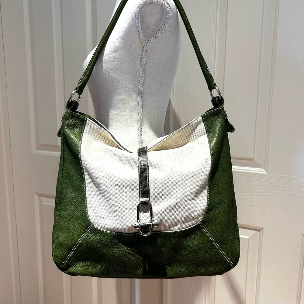 Furla Olive Pebble Leather & Linen Canvas Large Shoulder Bag Never Used